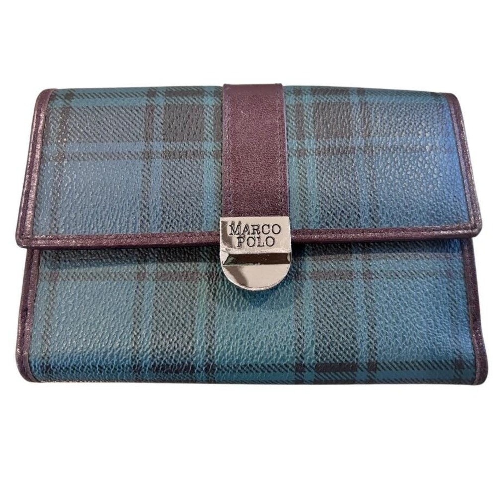 Marco Polo Green Plaid Trifold Wallet Burgundy Leather Trim Silver Logo Lock